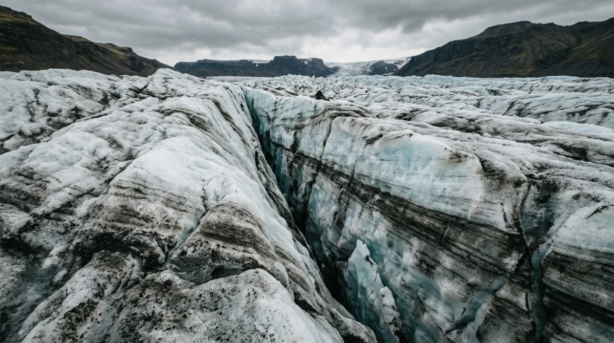 Black volcanic ash layered through ridged white and blue ice on the surface of Sólheimajökull glacier during a guided glacier hike, South Iceland