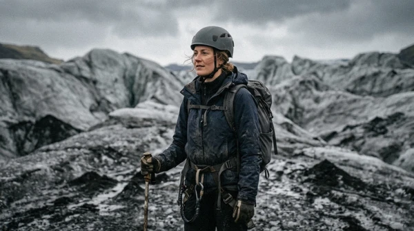 Sigrún Ólafsdóttir, glacier guide, on the ash-streaked ice of Sólheimajökull in South Iceland