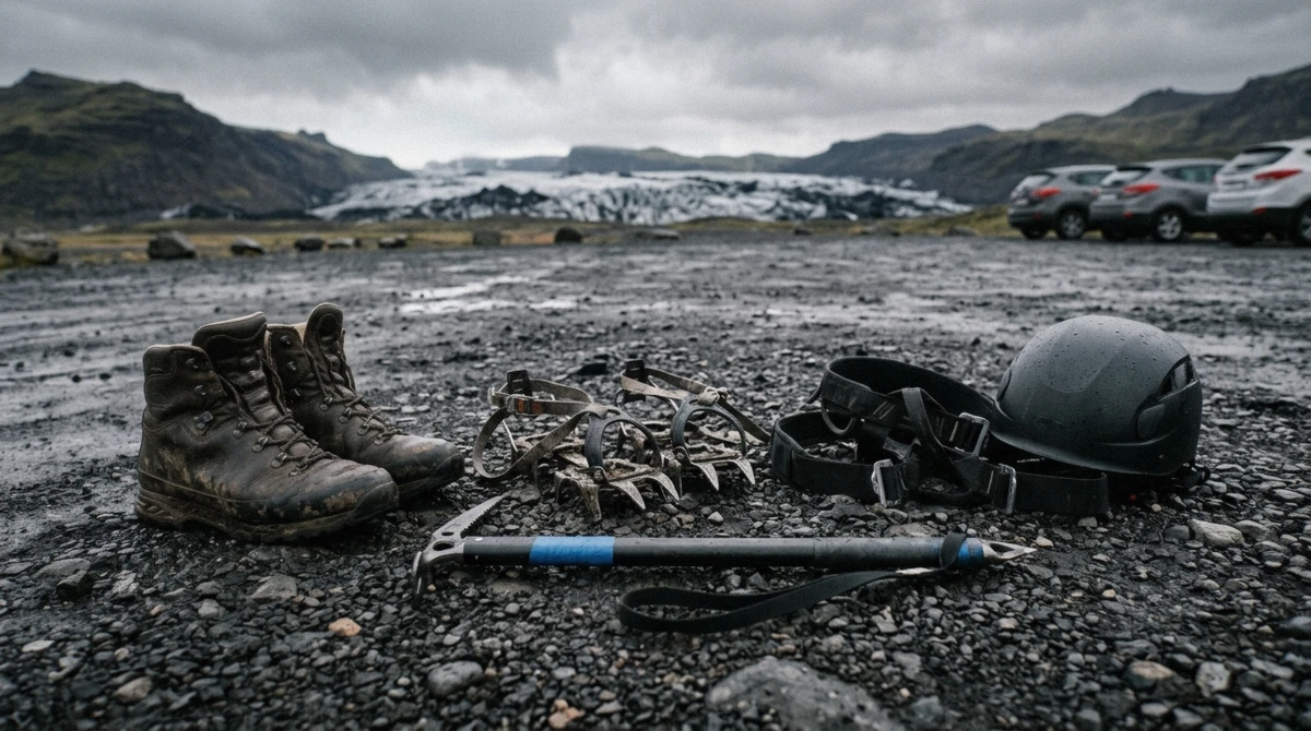 Crampons, helmet, harness and ice axe laid out before a guided Sólheimajökull glacier hike at the car park, South Iceland
