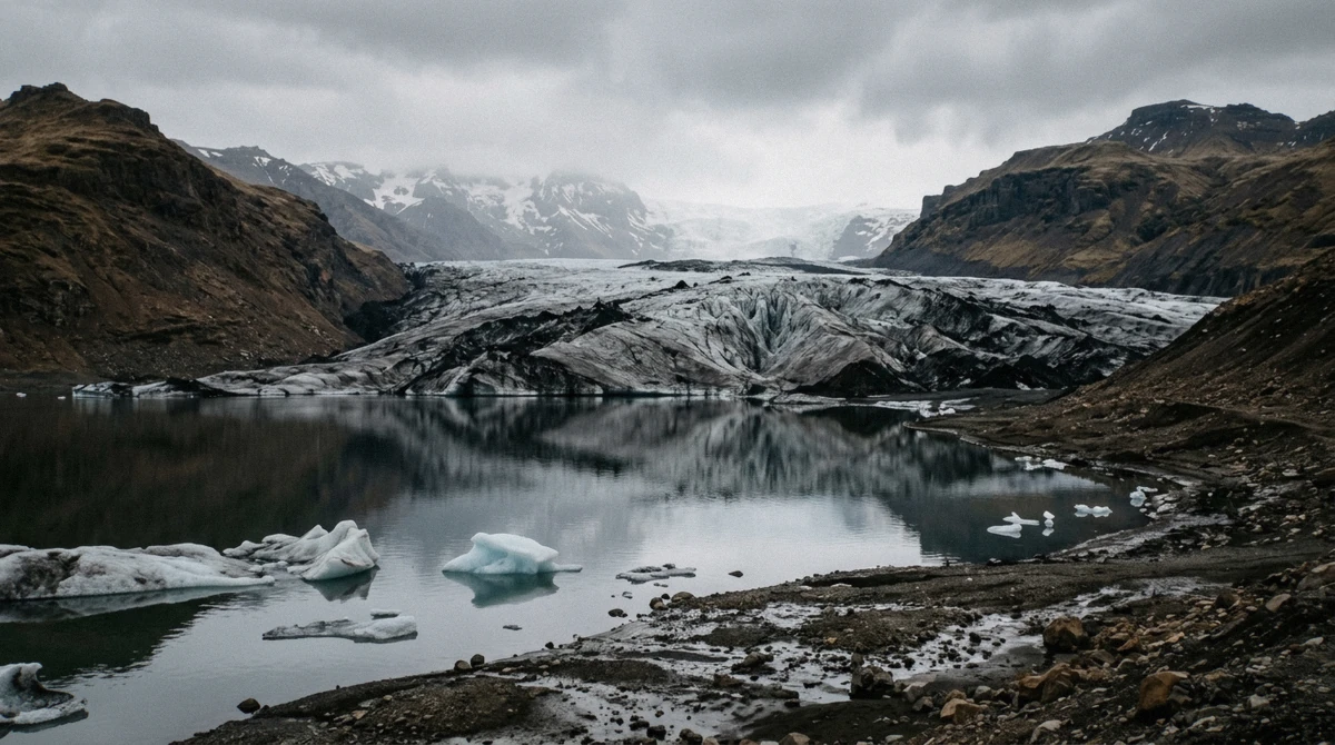The ash-streaked tongue of Sólheimajökull glacier reflected in its meltwater lagoon at the start of a guided glacier hike, South Iceland