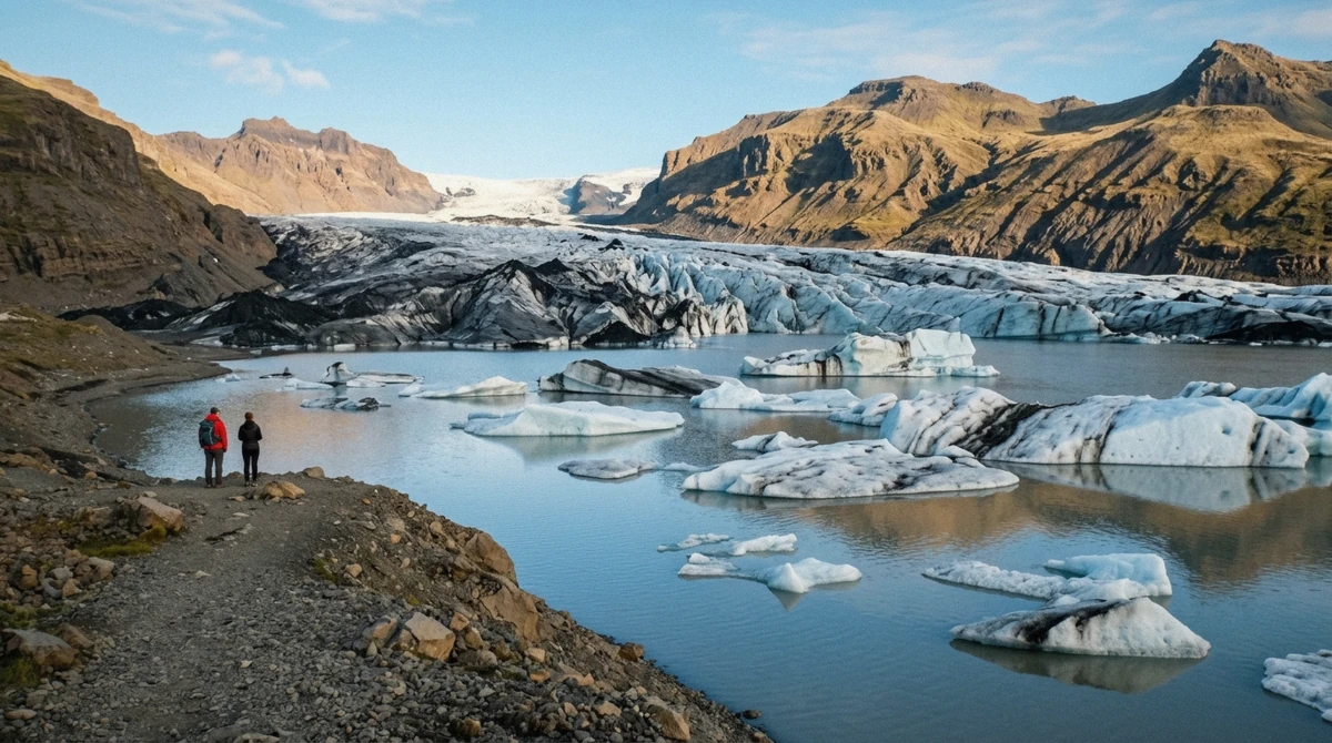 The glacial lagoon and ash-streaked tongue of Sólheimajökull seen from the free viewpoint path on a solheimajokull glacier hike without guide, South Iceland