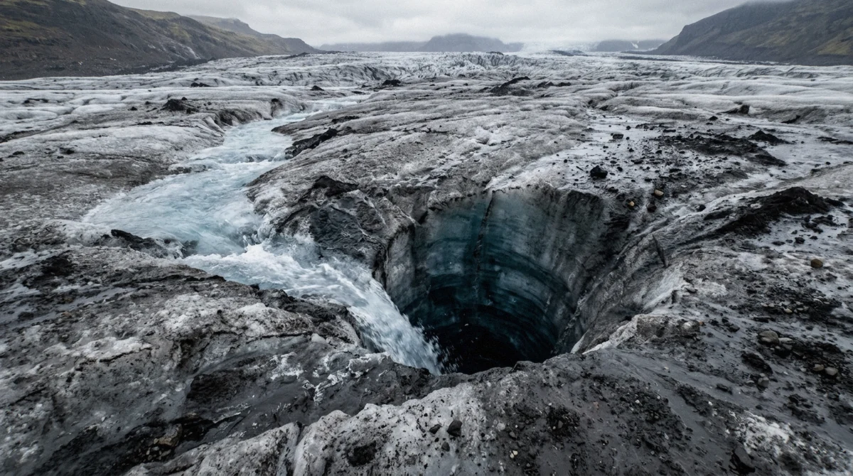 A meltwater stream cutting into a deep blue moulin in the ice surface during a guided Sólheimajökull glacier hike, Iceland