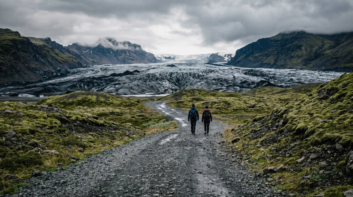 Flat gravel path from the car park leading toward the glacier viewpoint before a Sólheimajökull glacier hike, South Iceland